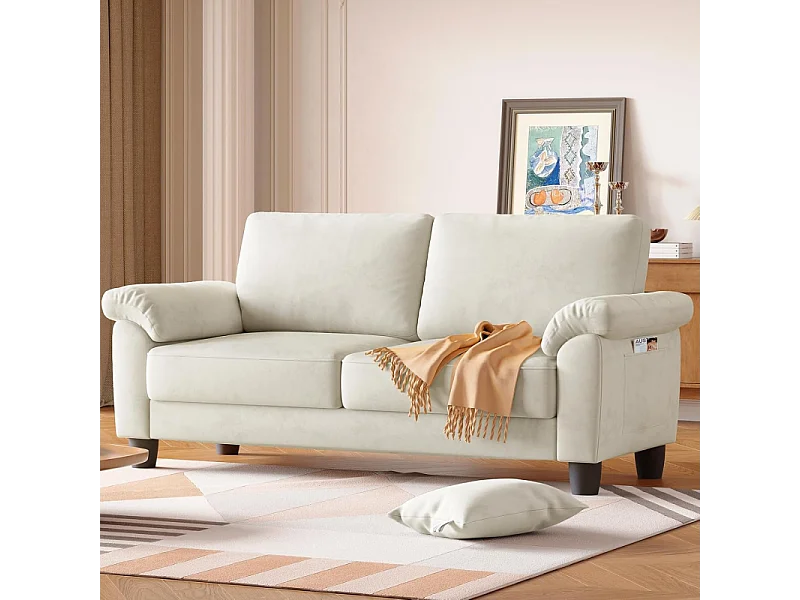 Divano soggiorno 2 posti in tessuto Chenille, divano moderno a metà del secolo, con sacchetto di stoccaggio, 178x75x87 cm, Beige