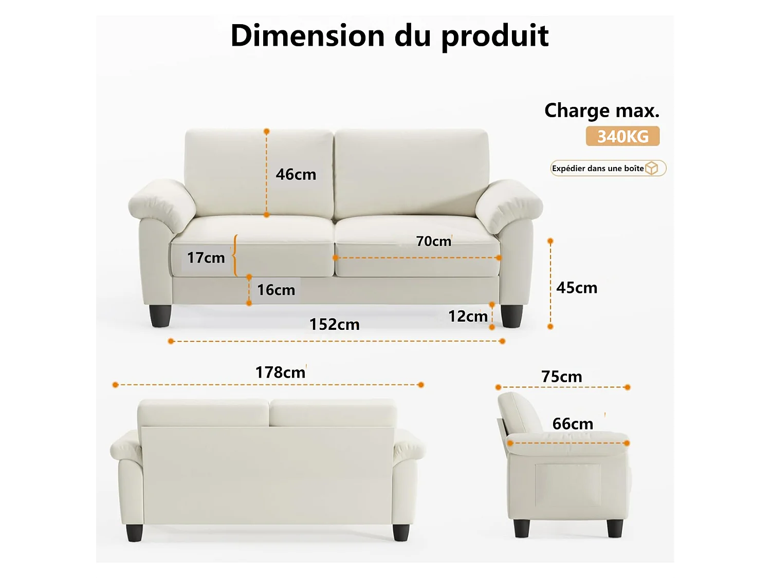 Divano soggiorno 2 posti in tessuto Chenille, divano moderno a metà del secolo, con sacchetto di stoccaggio, 178x75x87 cm, Beige