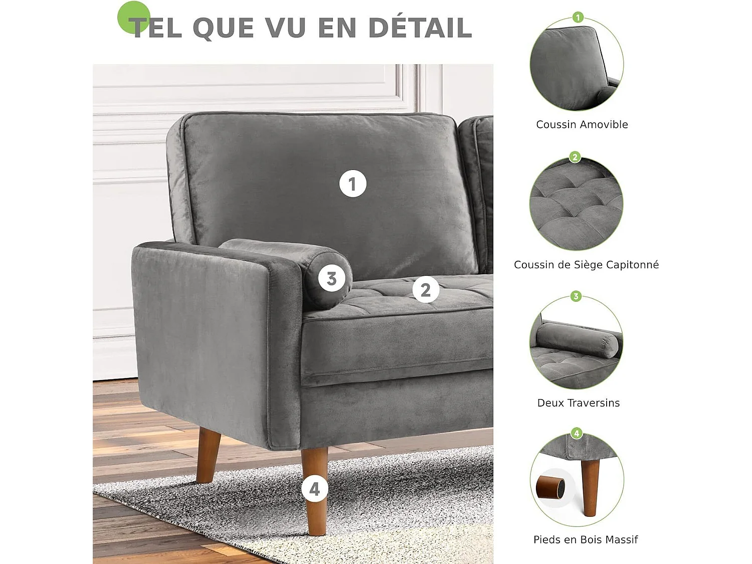 Canapé 2 Places en Velours Gris, Mini Canapé Chambre, avec Accoudoirs et pieds en bois effilés, un dossier bas - 148.5x78x85cm