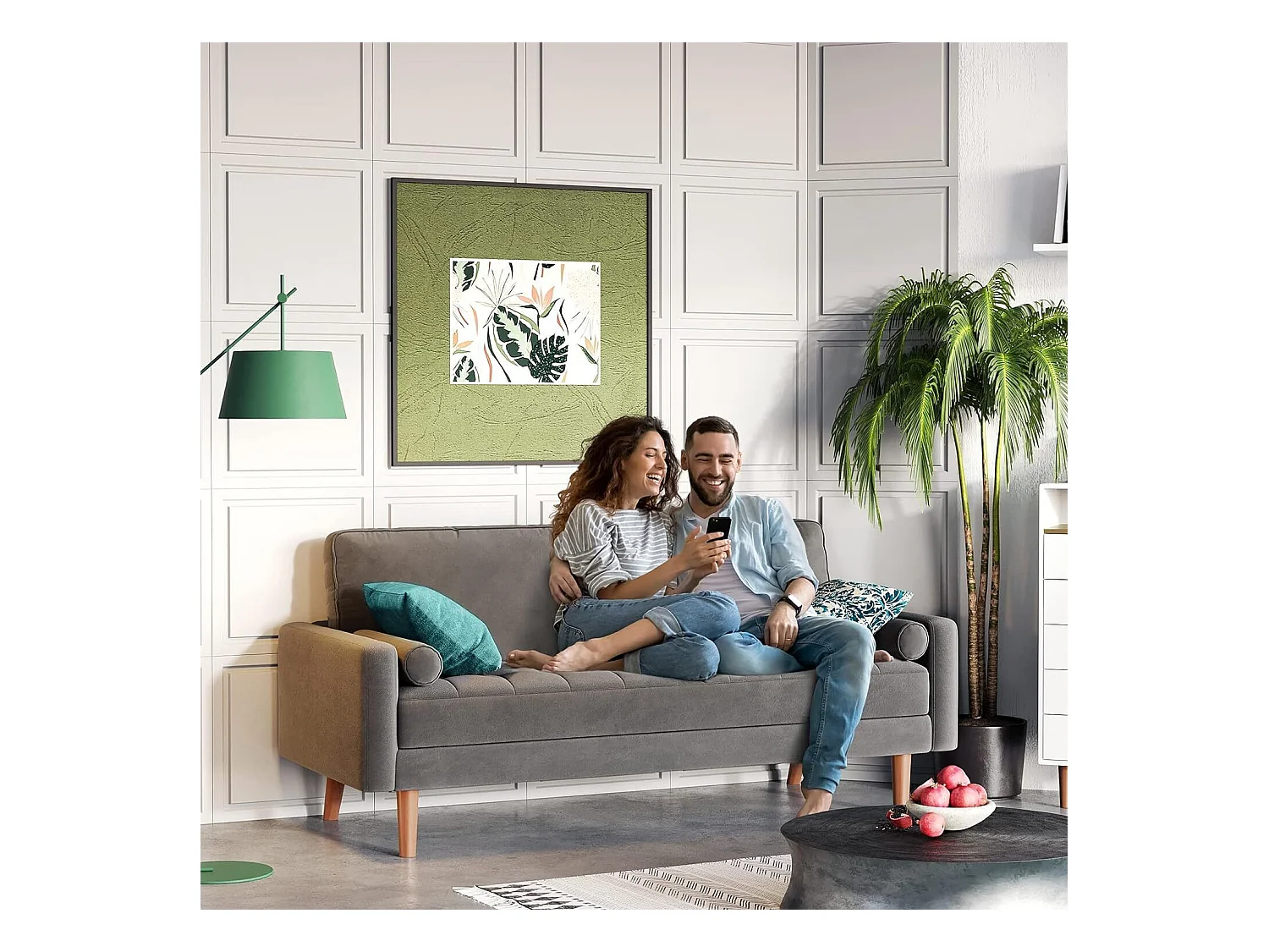 2-zitsbank in grijs fluweel, mini-slaapbank, met armleuningen en taps toelopende houten poten, lage rugleuning - 148,5x78x85cm