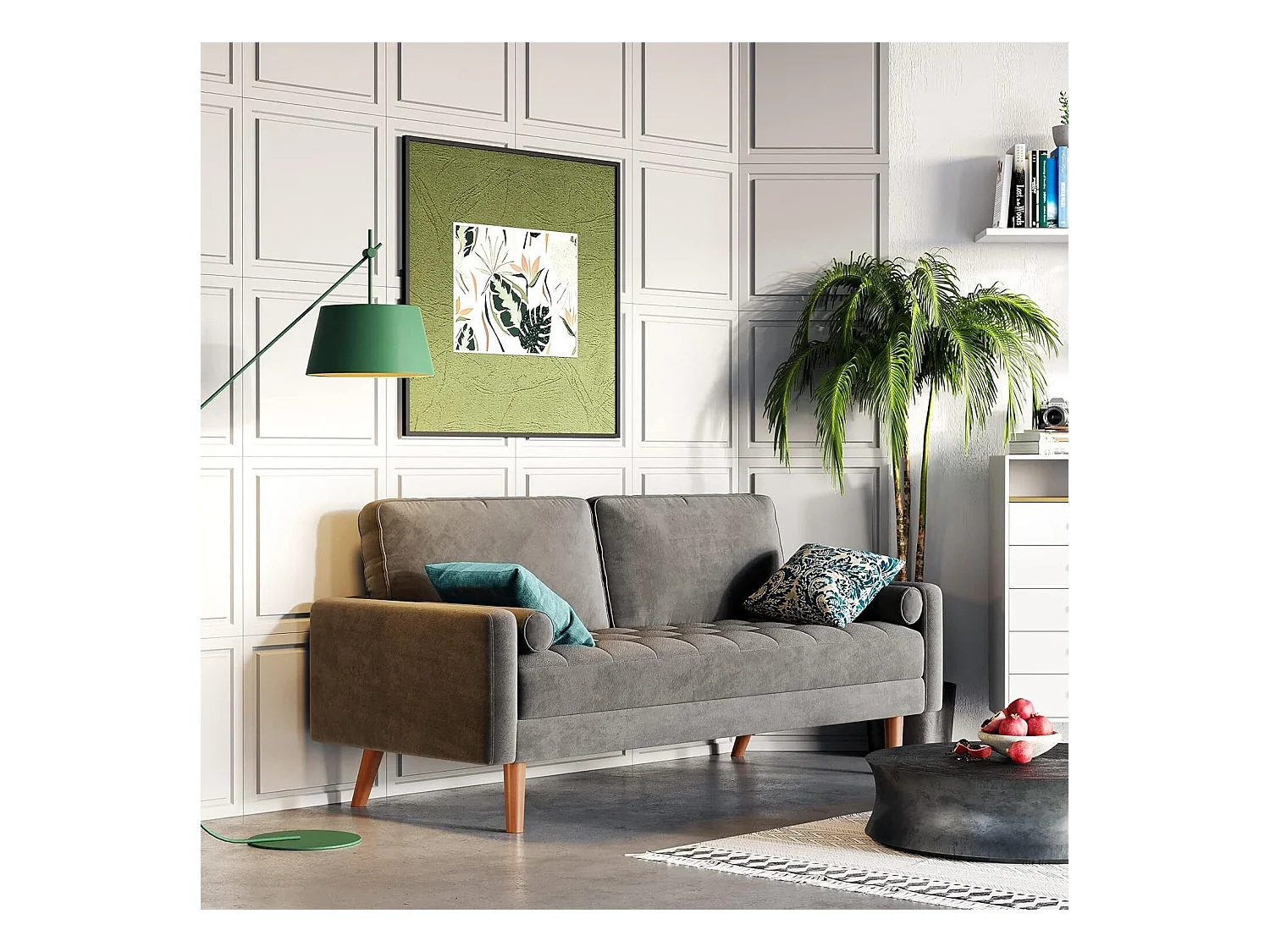 2-zitsbank in grijs fluweel, mini-slaapbank, met armleuningen en taps toelopende houten poten, lage rugleuning - 148,5x78x85cm