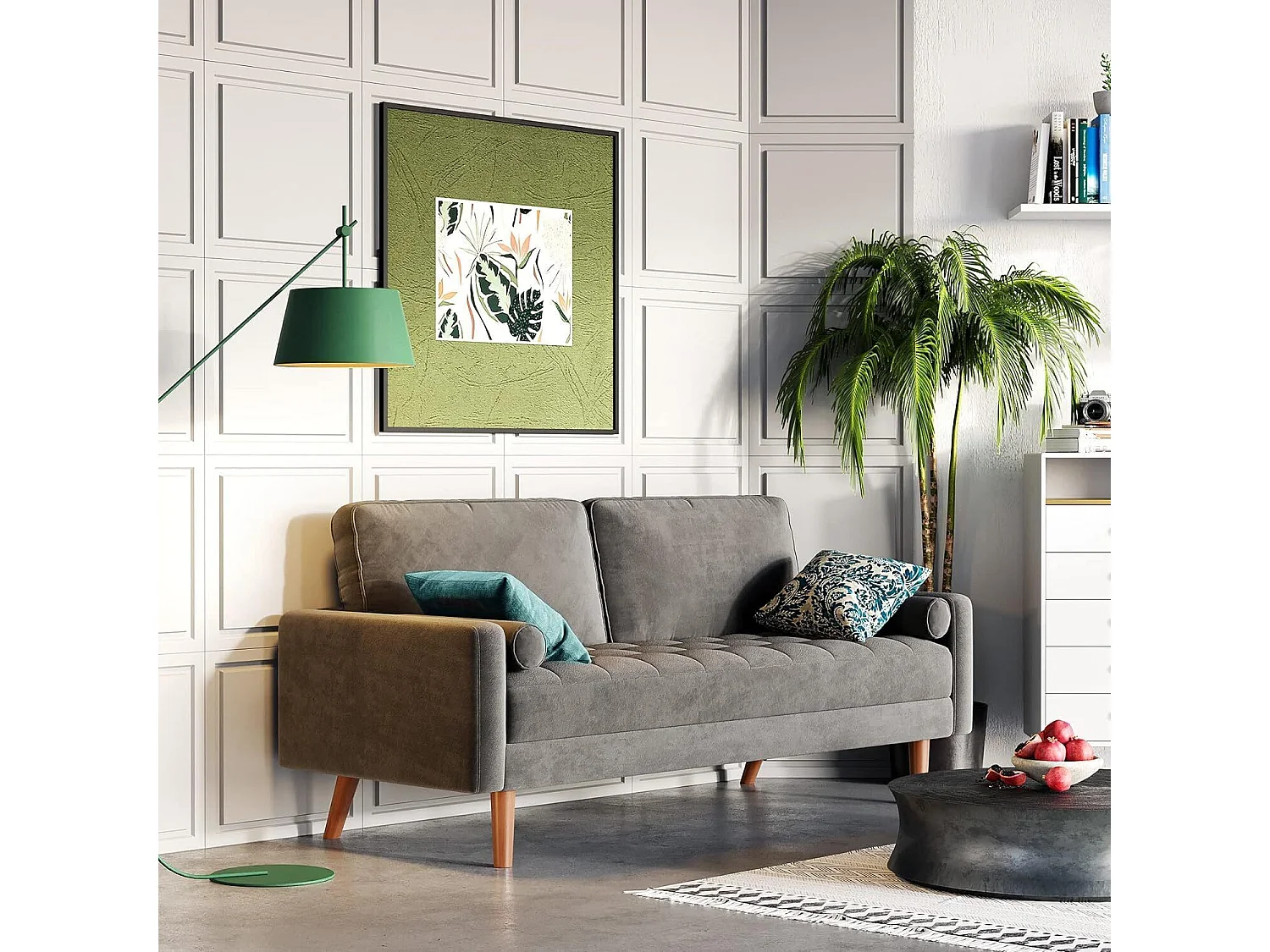 2-zitsbank in grijs fluweel, mini-slaapbank, met armleuningen en taps toelopende houten poten, lage rugleuning - 148,5x78x85cm