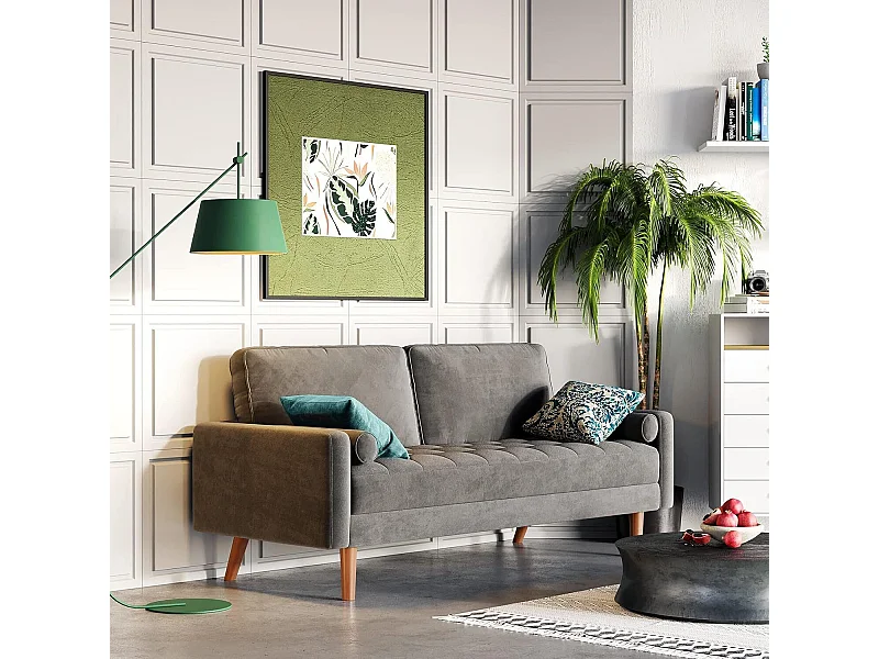 Sofá de terciopelo gris de 2 salones, sofá mini dormitorio, con reposabrazos y pies cónicos, una espalda baja - 148.5x78x85cm