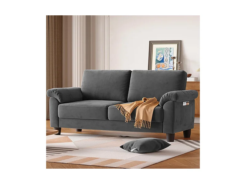 2-zits woonkamerbank in chenille-stof, moderne bank uit het midden van de eeuw, met opbergtas, 178x75x87cm, grijs