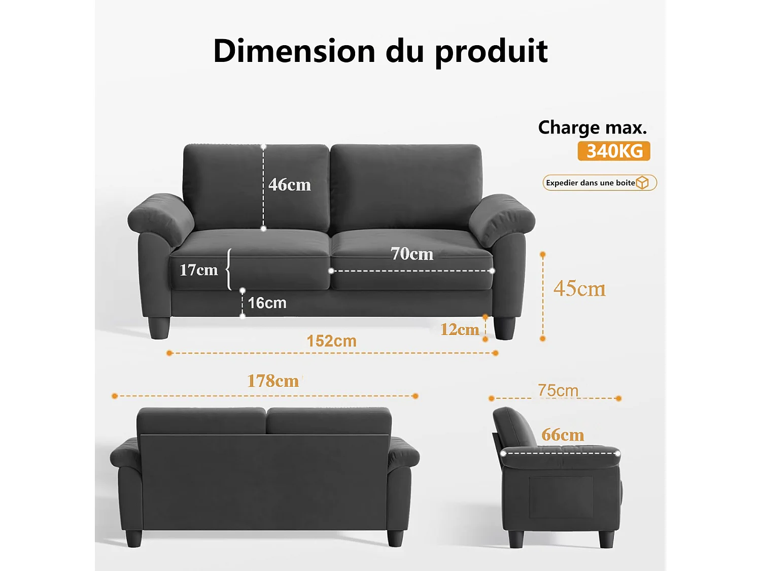 2-zits woonkamerbank in chenille-stof, moderne bank uit het midden van de eeuw, met opbergtas, 178x75x87cm, grijs
