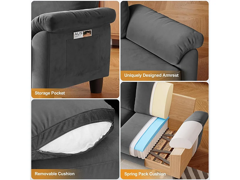 2-zits woonkamerbank in chenille-stof, moderne bank uit het midden van de eeuw, met opbergtas, 178x75x87cm, grijs