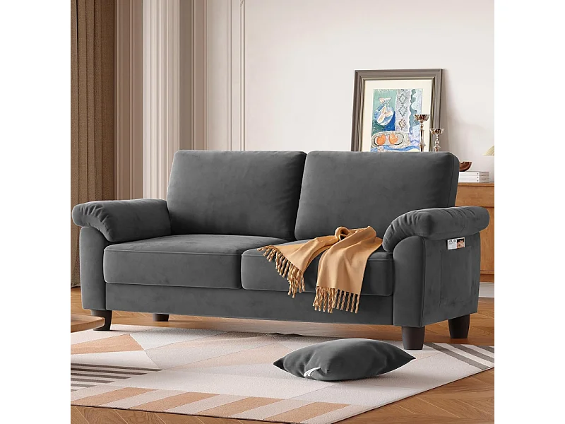 Canapé de salon 2 place en tissu chenille, Canapé moderne du milieu du siècle, avec sac de rangement, 178x75x87cm, Gris