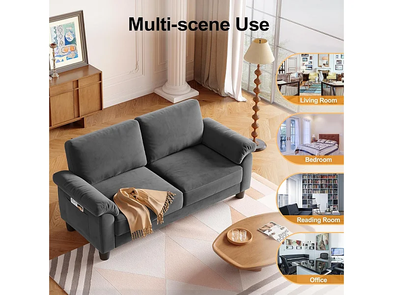 Canapé de salon 2 place en tissu chenille, Canapé moderne du milieu du siècle, avec sac de rangement, 178x75x87cm, Gris