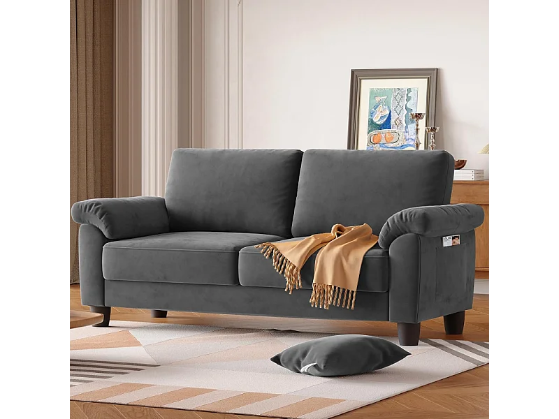 Divano soggiorno 2 posti in tessuto Chenille, divano moderno a metà del secolo, con sacchetto di stoccaggio, 178x75x87cm, grigio