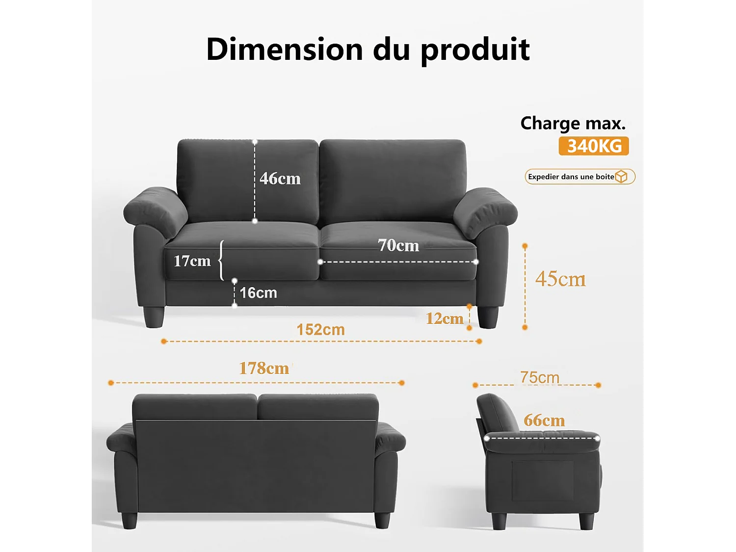 Divano soggiorno 2 posti in tessuto Chenille, divano moderno a metà del secolo, con sacchetto di stoccaggio, 178x75x87cm, grigio