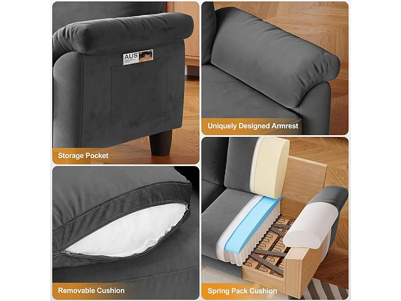 Divano soggiorno 2 posti in tessuto Chenille, divano moderno a metà del secolo, con sacchetto di stoccaggio, 178x75x87cm, grigio