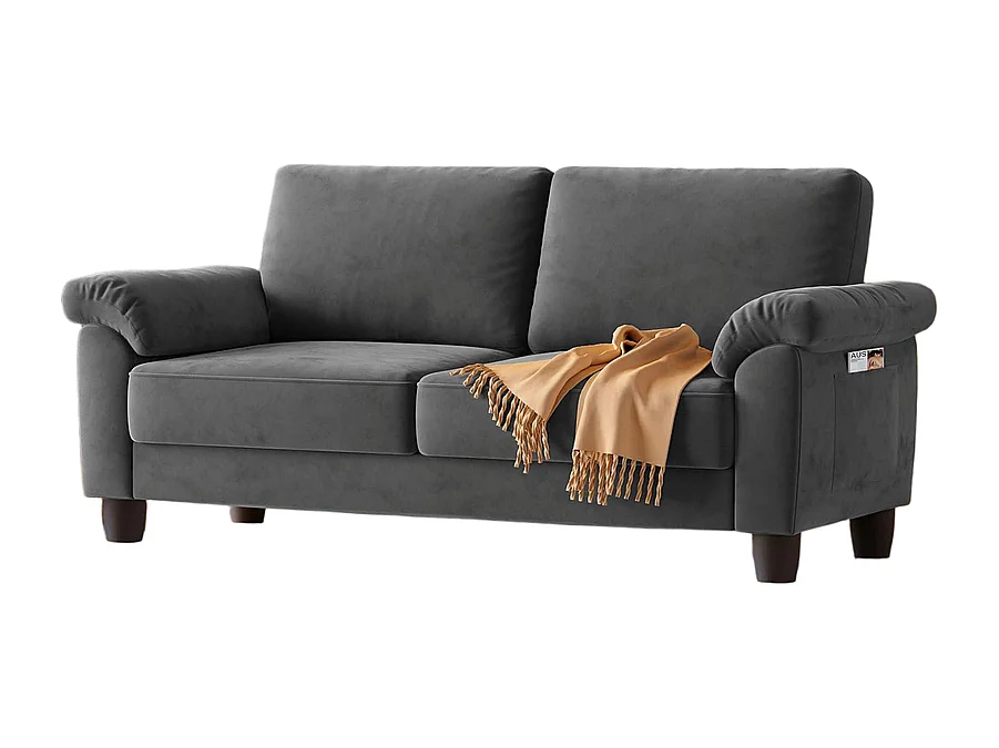 Canapé de salon 2 place en tissu chenille, Canapé moderne du milieu du siècle, avec sac de rangement, 178x75x87cm, Gris