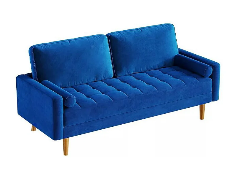 Canapé 2 Places en Velours Bleu, Mini Canapé Chambre avec Accoudoirs, pieds en bois effilés, Canapé Fixe un dossier bas