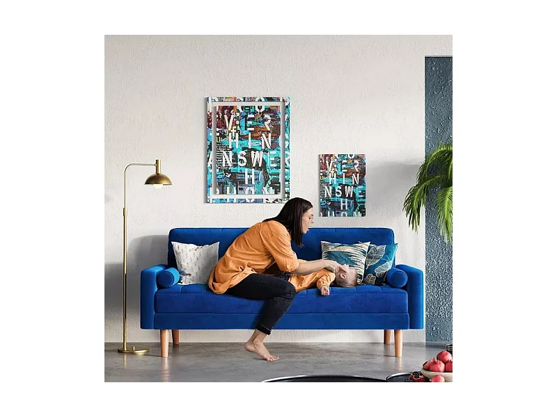 Canapé 2 Places en Velours Bleu, Mini Canapé Chambre avec Accoudoirs, pieds en bois effilés, Canapé Fixe un dossier bas