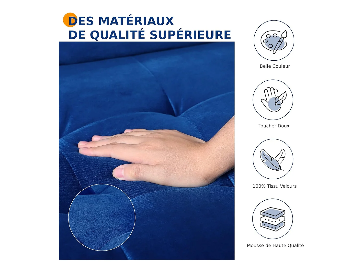 Canapé 2 Places en Velours Bleu, Mini Canapé Chambre avec Accoudoirs, pieds en bois effilés, Canapé Fixe un dossier bas