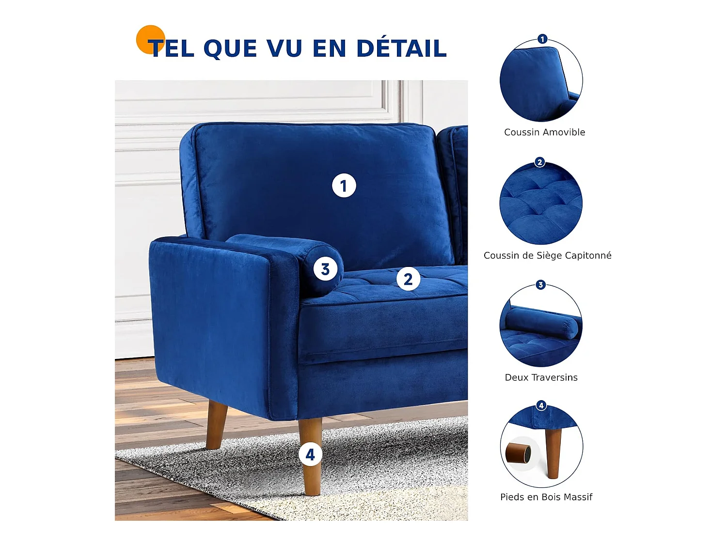 Canapé 2 Places en Velours Bleu, Mini Canapé Chambre avec Accoudoirs, pieds en bois effilés, Canapé Fixe un dossier bas