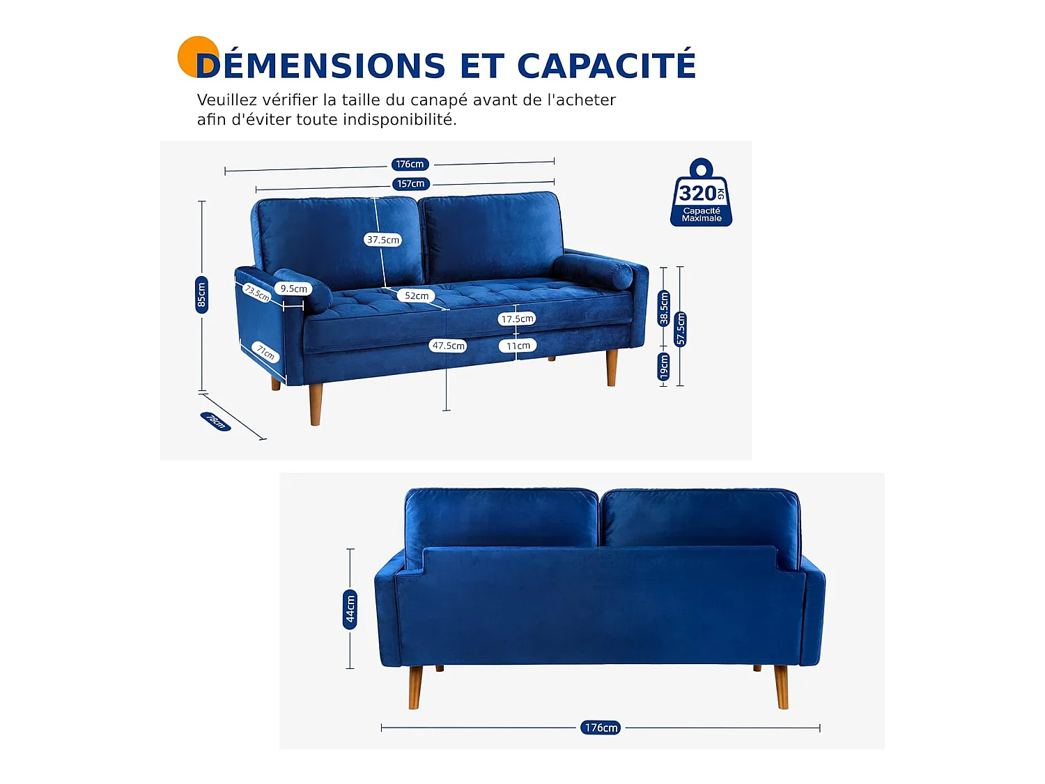 Canapé 2 Places en Velours Bleu, Mini Canapé Chambre avec Accoudoirs, pieds en bois effilés, Canapé Fixe un dossier bas