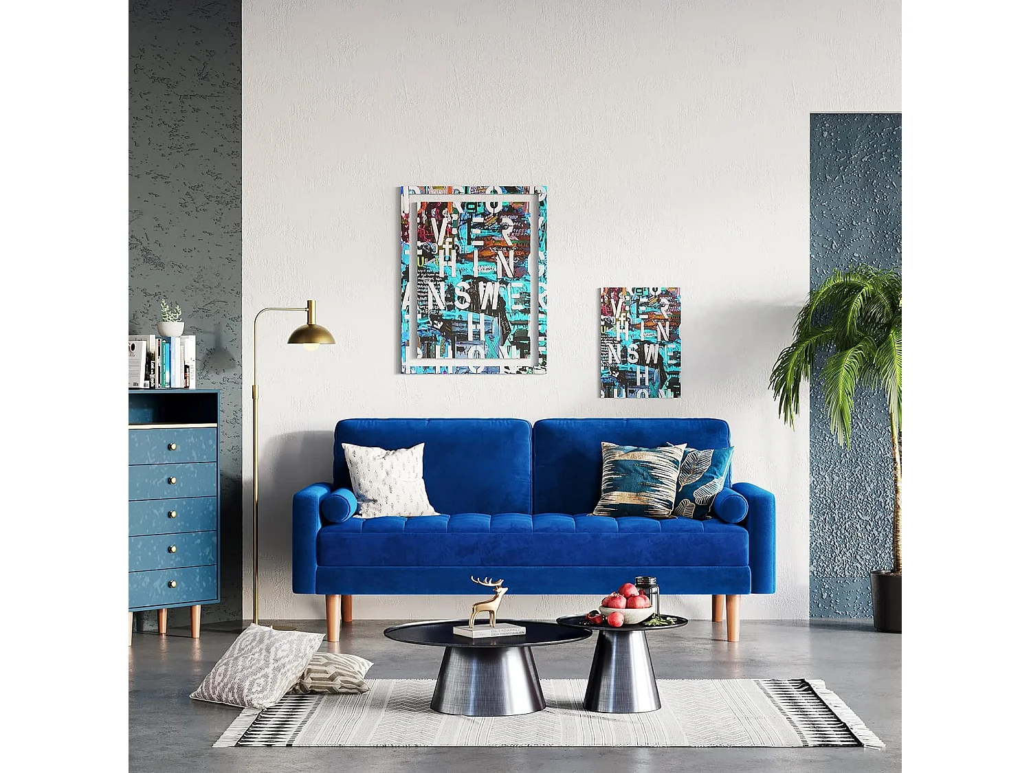 Canapé 2 Places en Velours Bleu, Mini Canapé Chambre avec Accoudoirs, pieds en bois effilés, Canapé Fixe un dossier bas