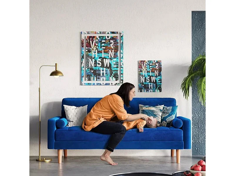 Canapé 2 Places en Velours Bleu, Mini Canapé Chambre avec Accoudoirs, pieds en bois effilés, Canapé Fixe un dossier bas