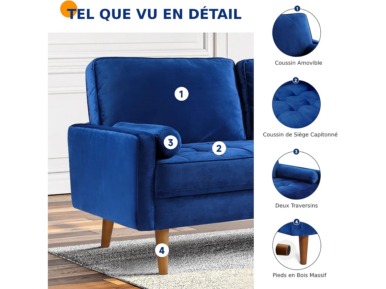Canapé 2 Places en Velours Bleu, Mini Canapé Chambre avec Accoudoirs, pieds en bois effilés, Canapé Fixe un dossier bas