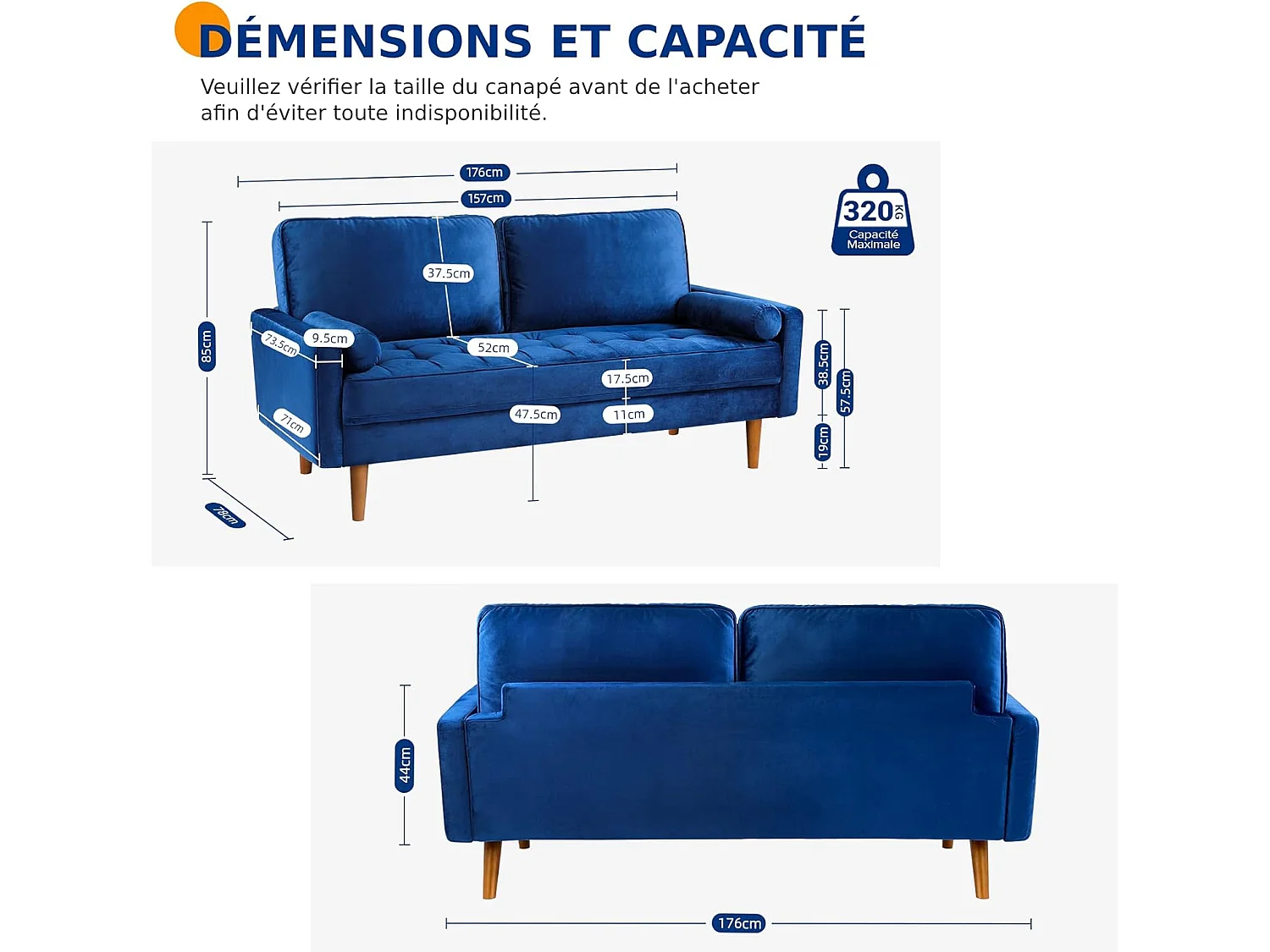 Canapé 2 Places en Velours Bleu, Mini Canapé Chambre avec Accoudoirs, pieds en bois effilés, Canapé Fixe un dossier bas