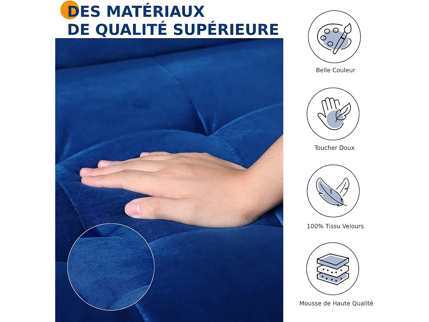 Canapé 2 Places en Velours Bleu, Mini Canapé Chambre avec Accoudoirs, pieds en bois effilés, Canapé Fixe un dossier bas