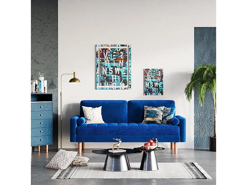 2-zitsbank in blauw fluweel, mini-slaapkamerbank met armleuningen, taps toelopende houten poten, vaste bank met lage rugleuning