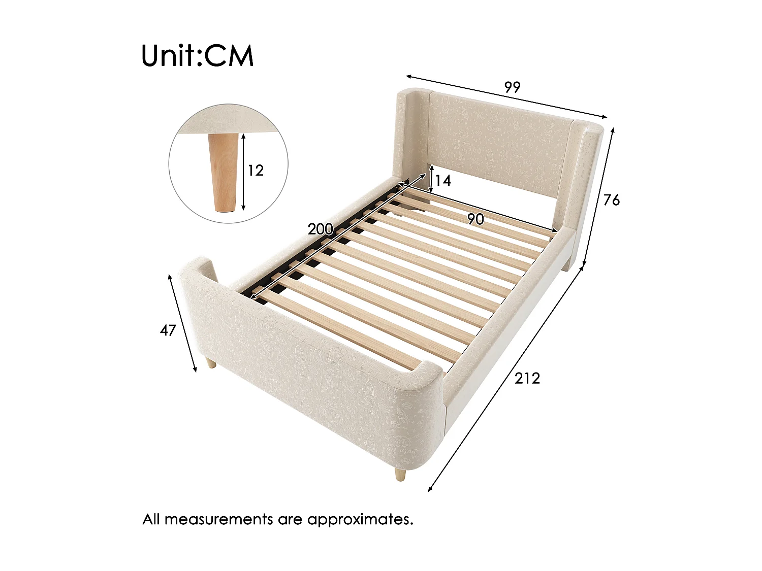 Lit capitonné 90 x 200 cm avec tête de lit - Velours - Motif cosmique - Beige (sans matelas)