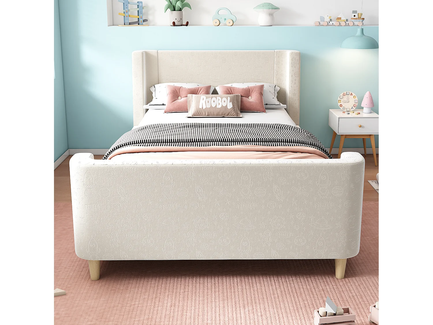 Lit capitonné 90 x 200 cm avec tête de lit - Velours - Motif cosmique - Beige (sans matelas)