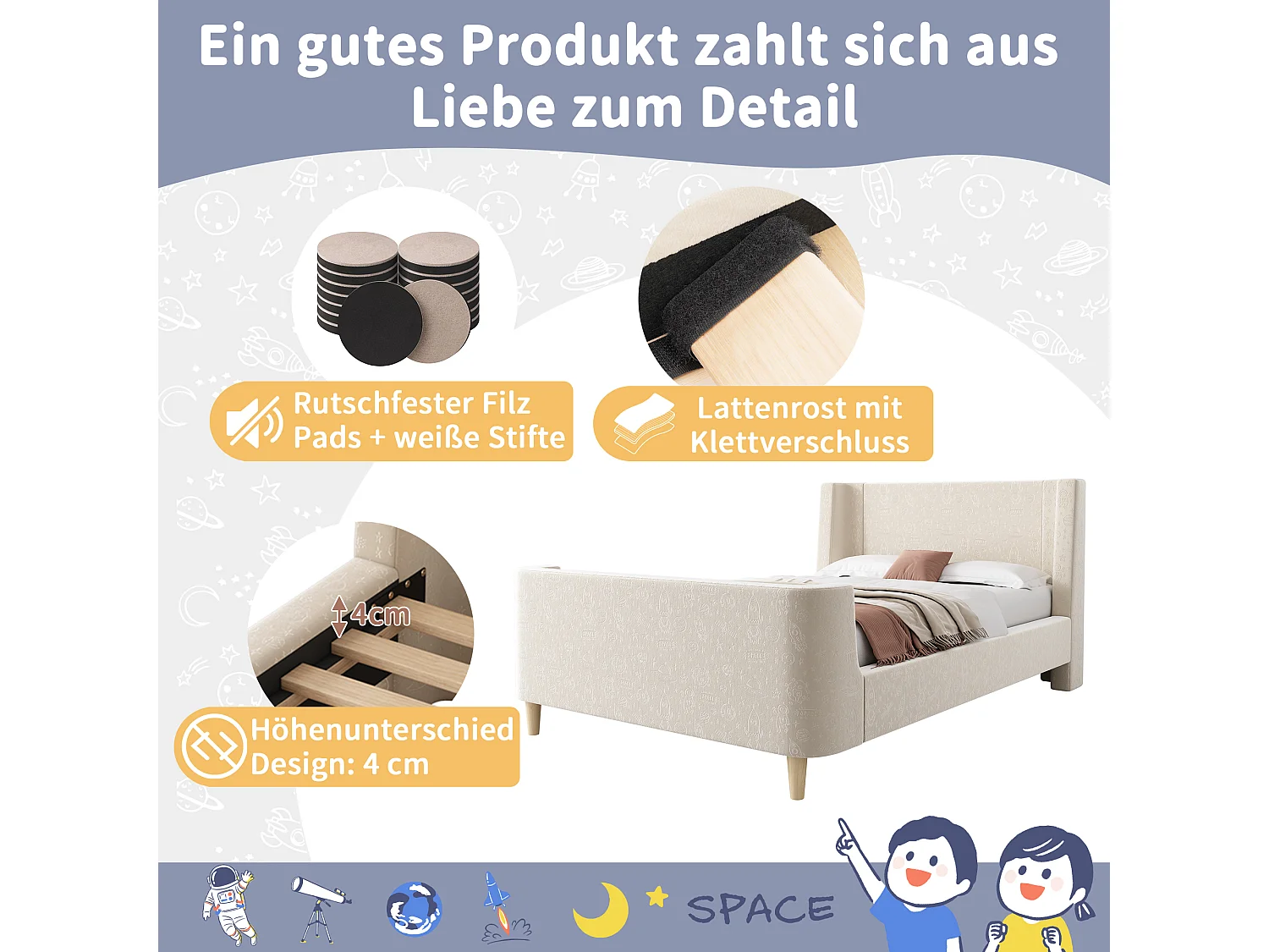 Polsterbett 90 x 200 cm mit Kopfteil – Samt – Kosmisches Muster – Beige (ohne Matratze)