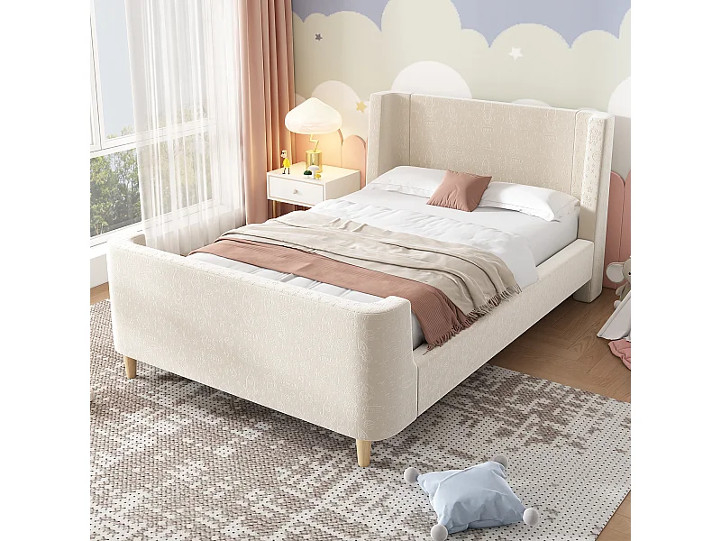 Lit capitonné 90 x 200 cm avec tête de lit - Velours - Motif cosmique - Beige (sans matelas)