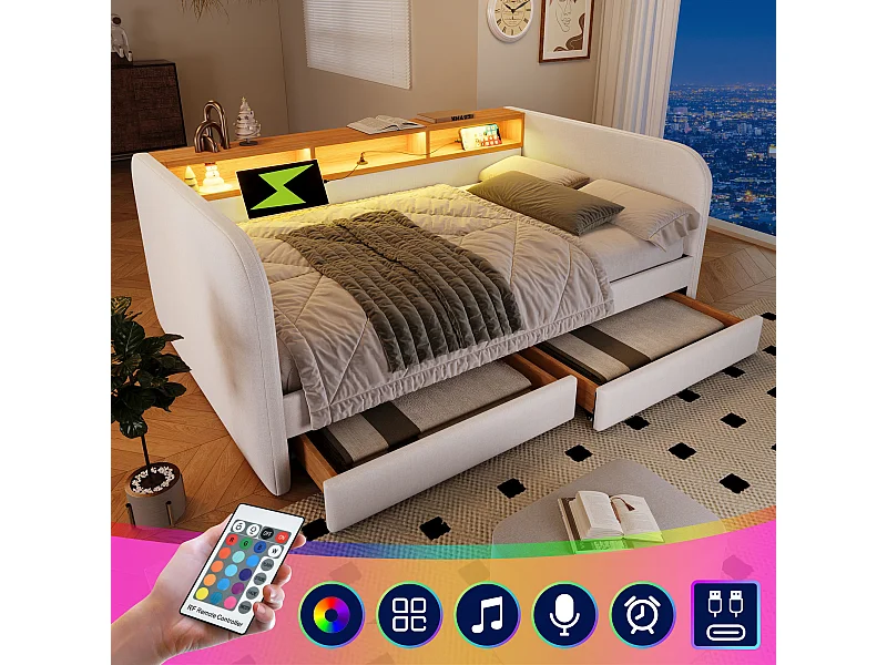 Polsterbett 140 x 190 cm mit 2 Schubladen, Schlafsofa – LED- und USB-C-Aufladung – Leinenstoff – Beige (ohne Matratze)
