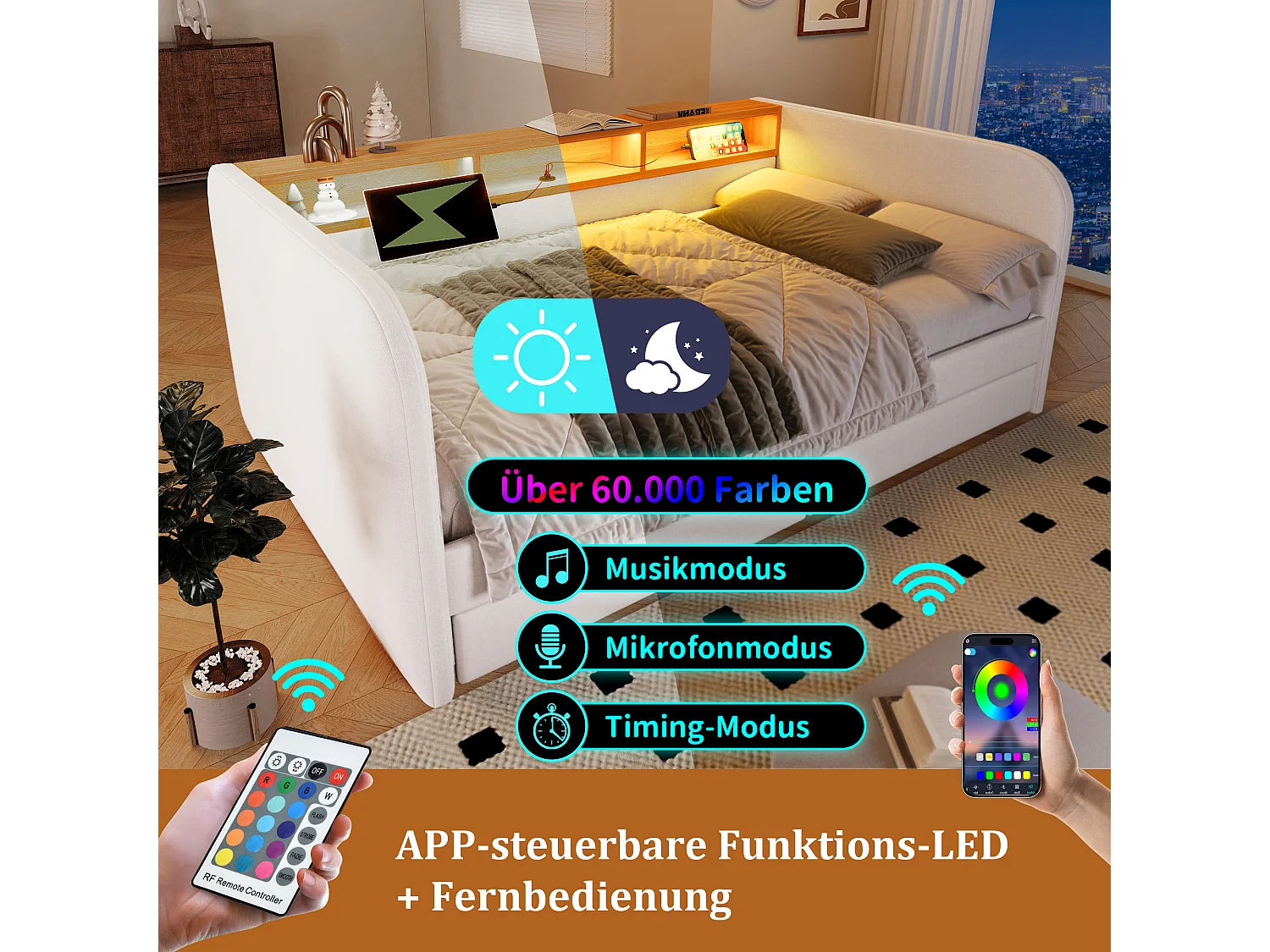 Letto imbottito 140 x 190 cm con 2 cassetti, divano letto - LED e ricarica USB-C - Tessuto di lino - Beige (senza materasso)