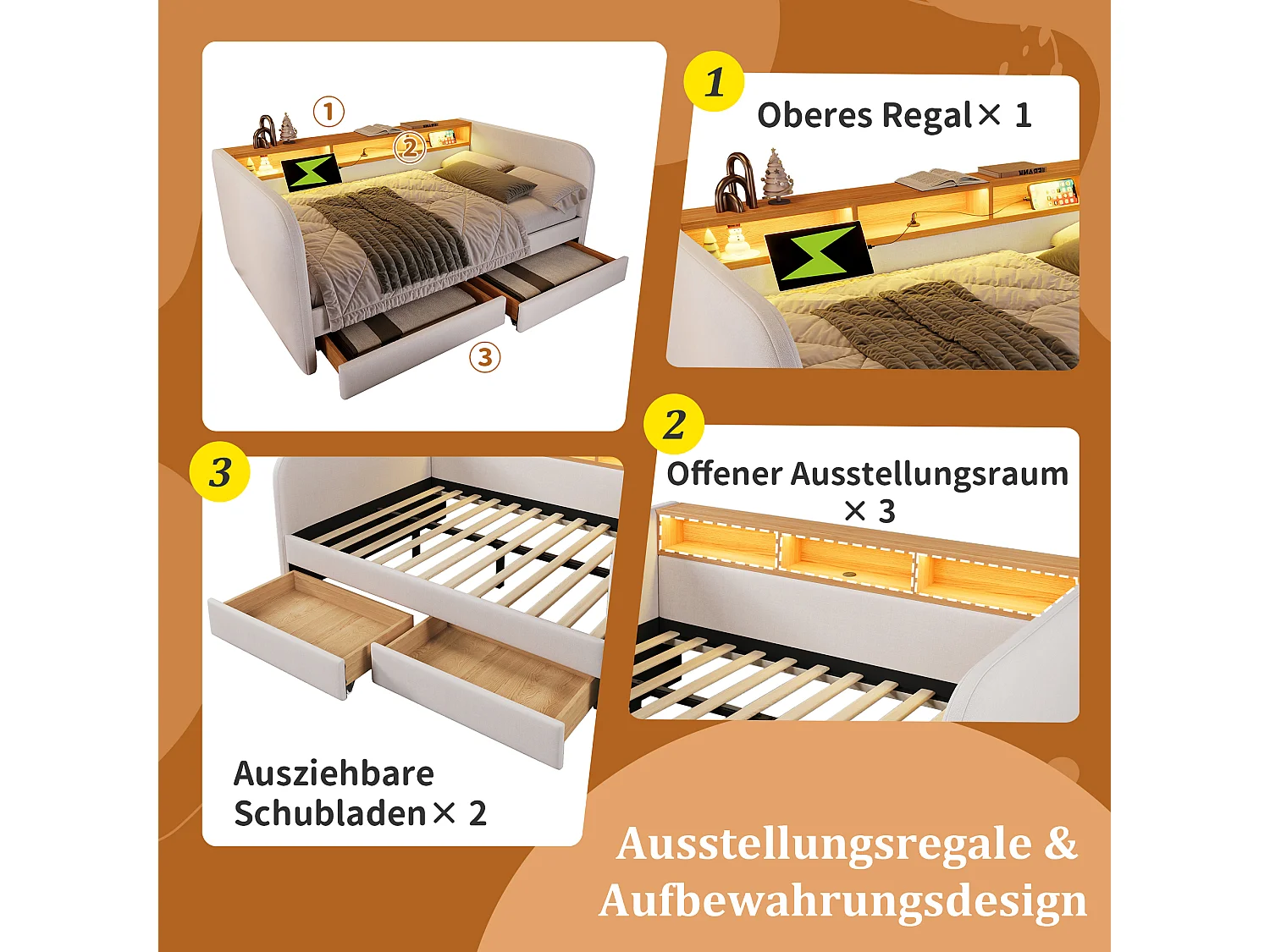 Letto imbottito 140 x 190 cm con 2 cassetti, divano letto - LED e ricarica USB-C - Tessuto di lino - Beige (senza materasso)