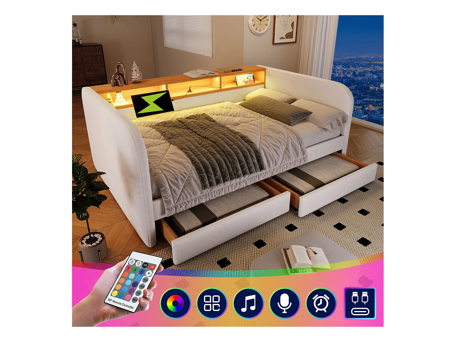 Lit capitonné 140 x 190 cm avec 2 tiroirs, canapé-lit - LED et charge USB-C - Tissu en lin - Beige (sans matelas)