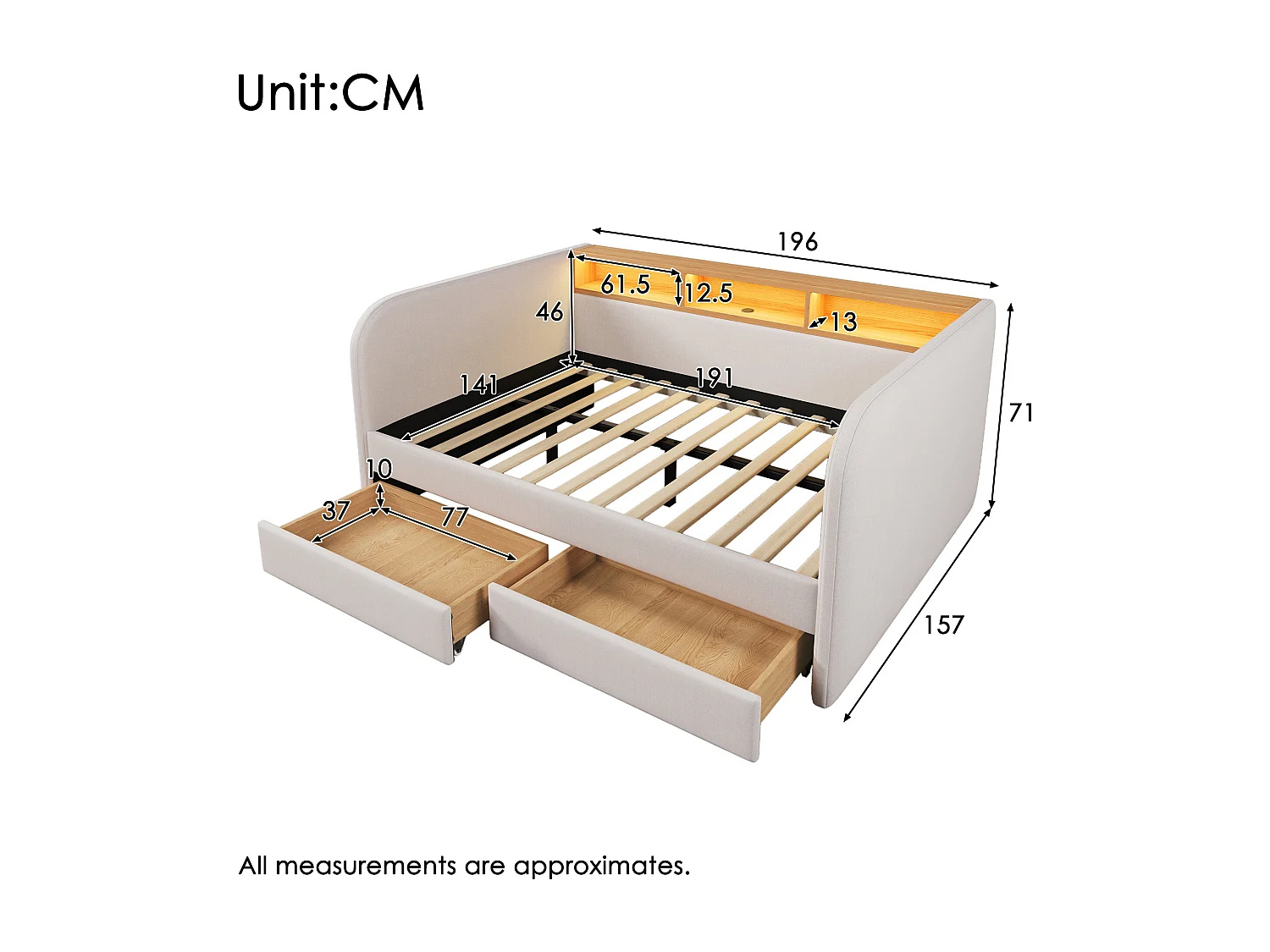 Letto imbottito 140 x 190 cm con 2 cassetti, divano letto - LED e ricarica USB-C - Tessuto di lino - Beige (senza materasso)