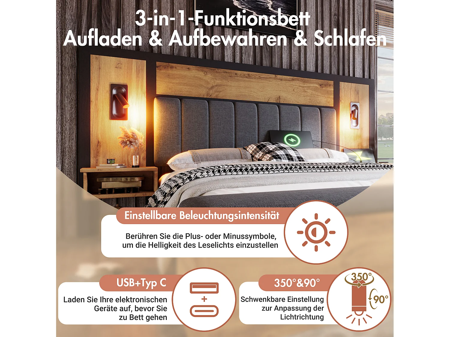 Doppelbett 160 x 200 cm mit Aufbewahrungsbank und Nachttischen – Leselampe und USB + Typ-C-Steckdosen – MDF-Holz + Leinen – Eiche (ohne Matratze)