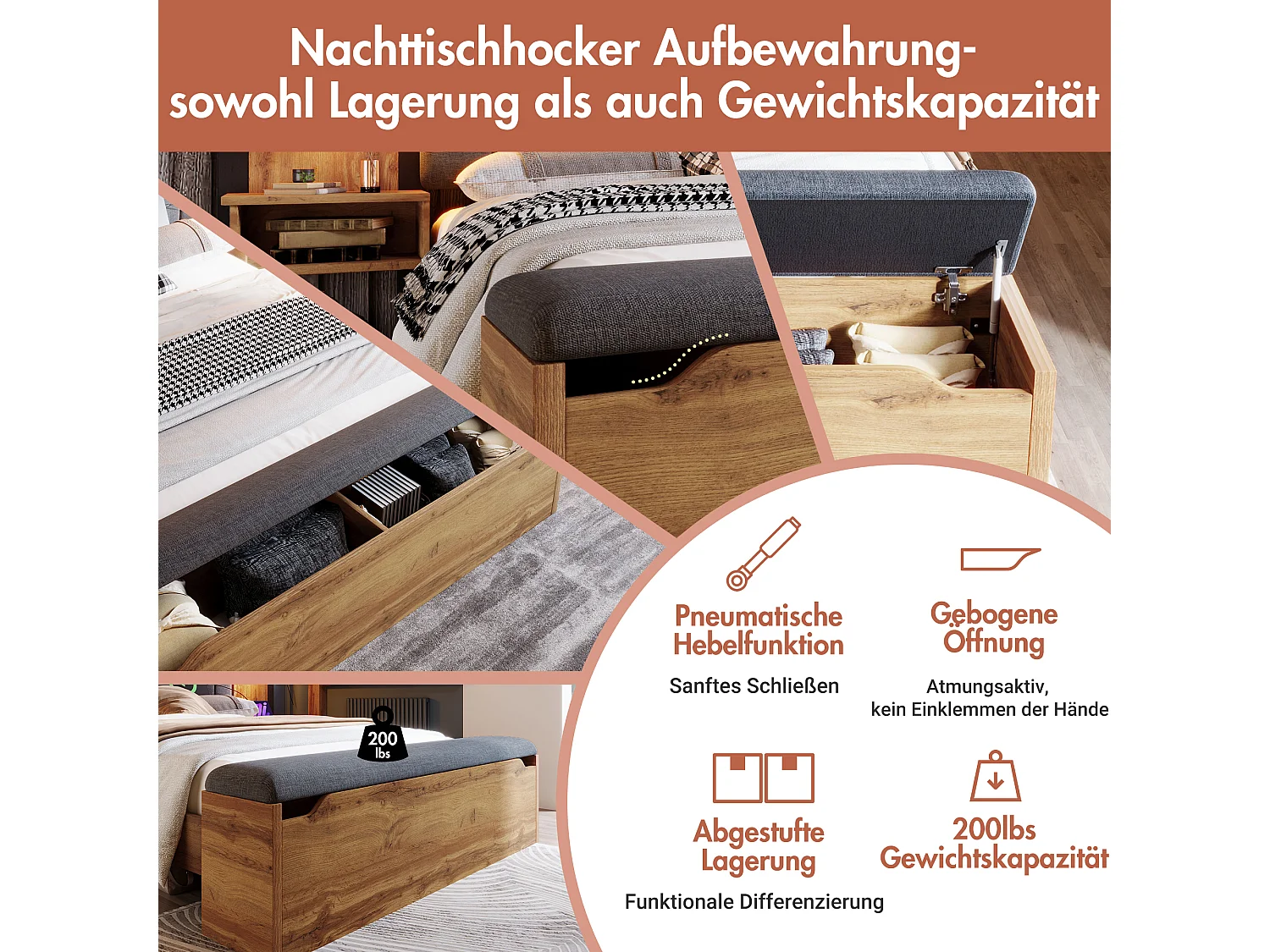 Doppelbett 160 x 200 cm mit Aufbewahrungsbank und Nachttischen – Leselampe und USB + Typ-C-Steckdosen – MDF-Holz + Leinen – Eiche (ohne Matratze)