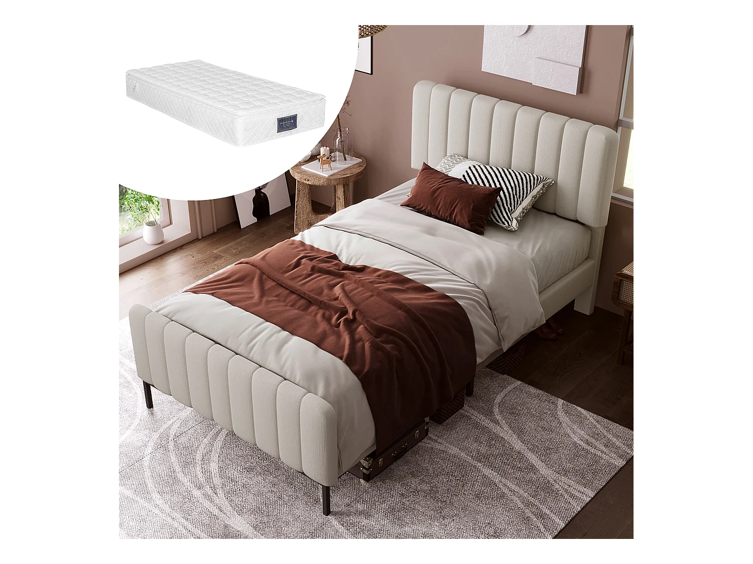 Bett mit verstellbarem Kopfteil – 90 x 200 cm – Leinenstoff – Lattenrost – Beige + Matratze