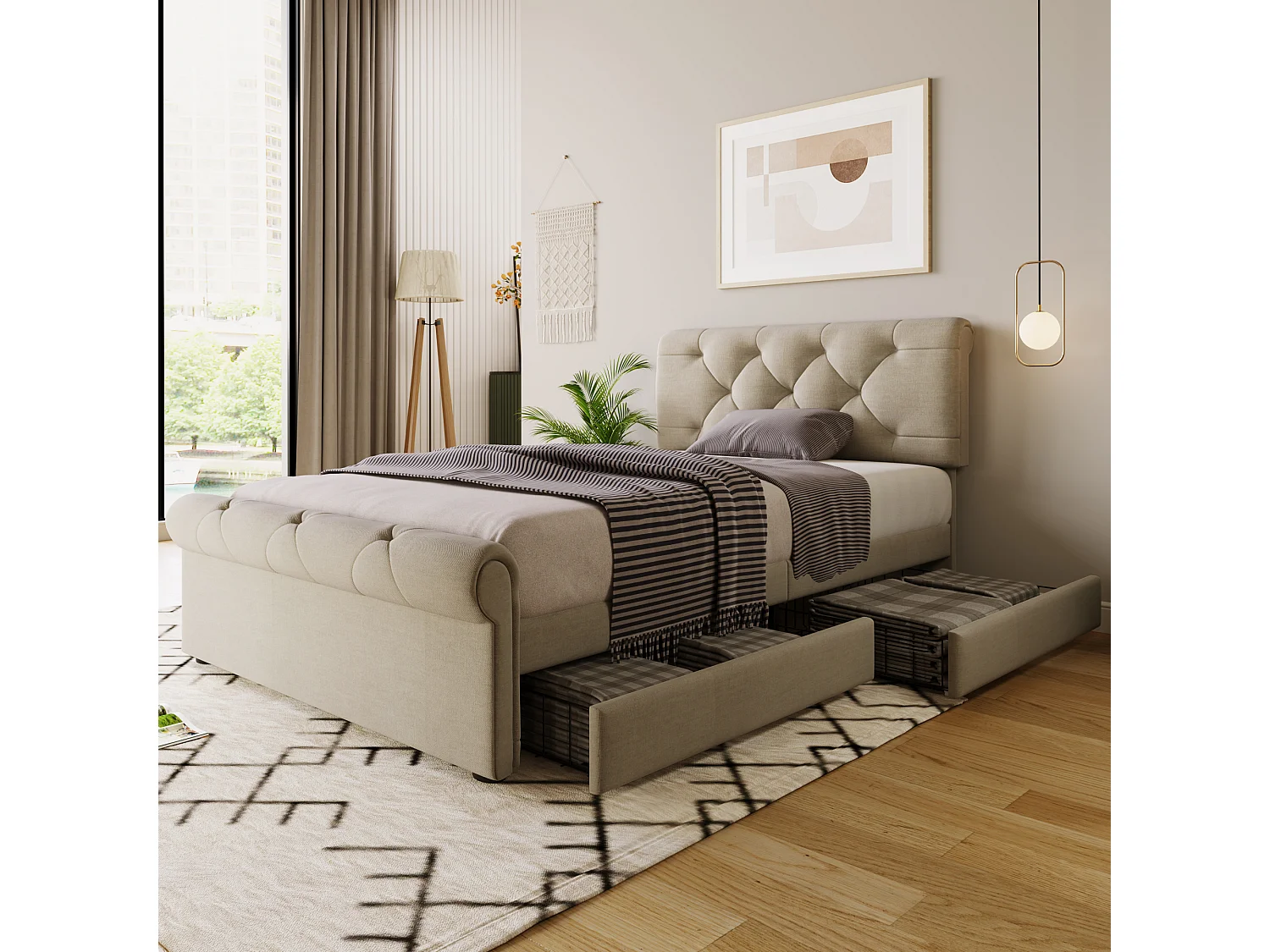 Gestoffeerd bed 90 x 200 cm met verstelbaar hoofdeinde en 2 lades - Linnen stof - Chesterfield stijl - Naturel + matras