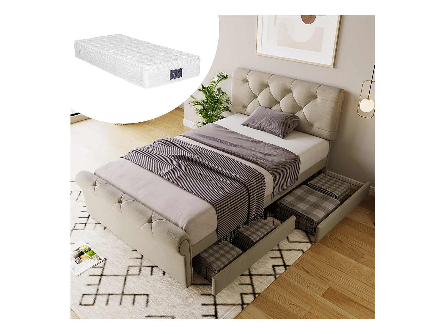 Polsterbett 90 x 200 cm mit verstellbarem Kopfteil und 2 Schubladen – Leinenstoff – Chesterfield-Stil – Natur + Matratze