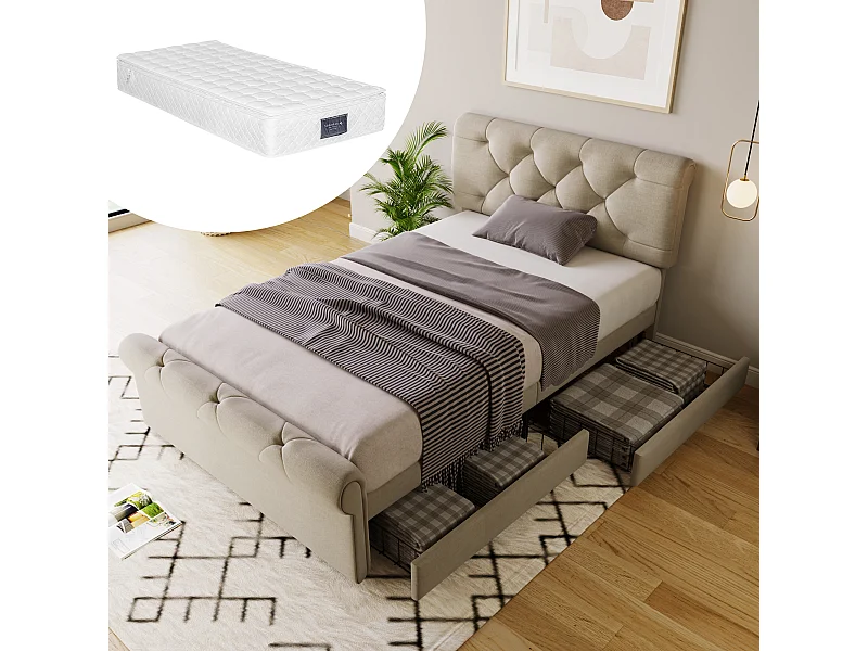 Polsterbett 90 x 200 cm mit verstellbarem Kopfteil und 2 Schubladen – Leinenstoff – Chesterfield-Stil – Natur + Matratze