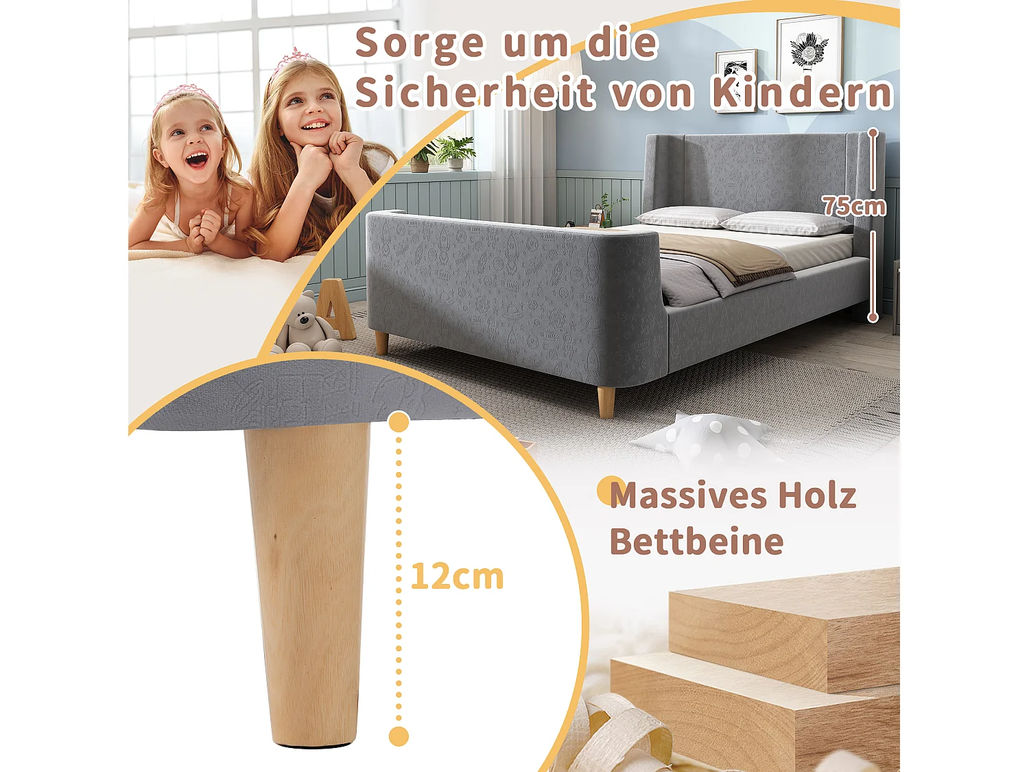 Gestoffeerd bed 90 x 200 cm met hoofdeinde - Fluweel - Cosmic patroon - Grijs (zonder matras)