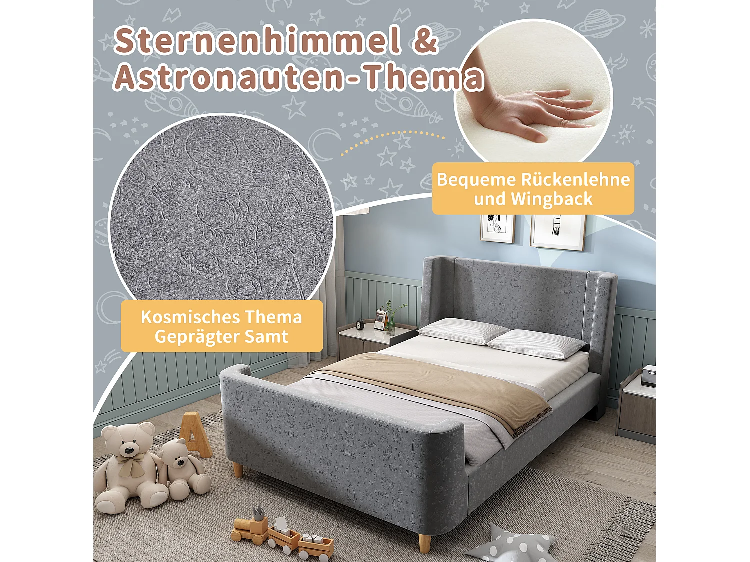 Gestoffeerd bed 90 x 200 cm met hoofdeinde - Fluweel - Cosmic patroon - Grijs (zonder matras)