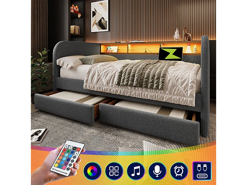 Polsterbett 140 x 190 cm mit 2 Schubladen, Schlafsofa – LED- und USB-C-Aufladung – Leinenstoff – Grau (ohne Matratze)