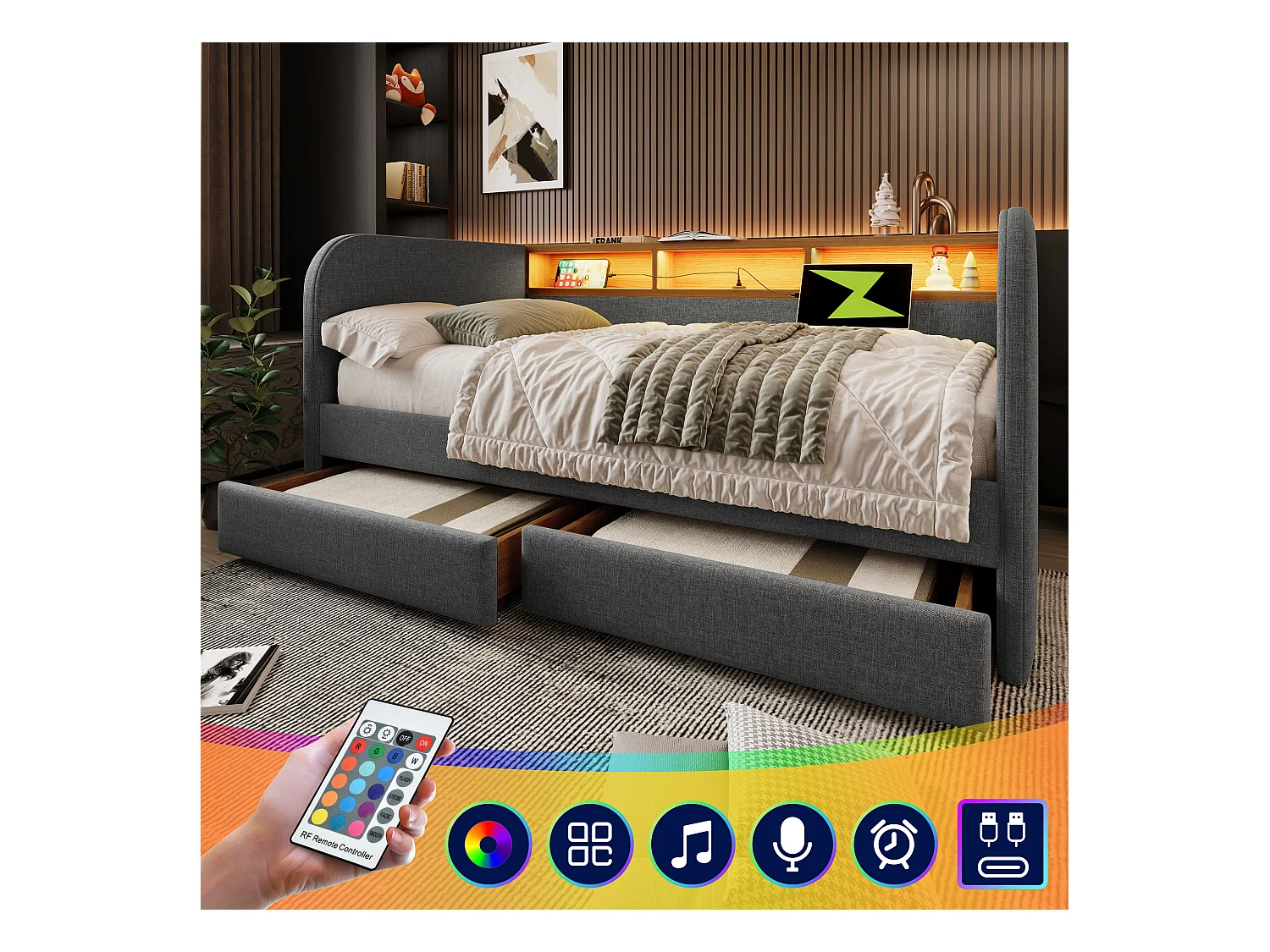 Lit capitonné 140 x 190 cm avec 2 tiroirs, canapé-lit - LED et charge USB-C - Tissu en lin - Gris (sans matelas)