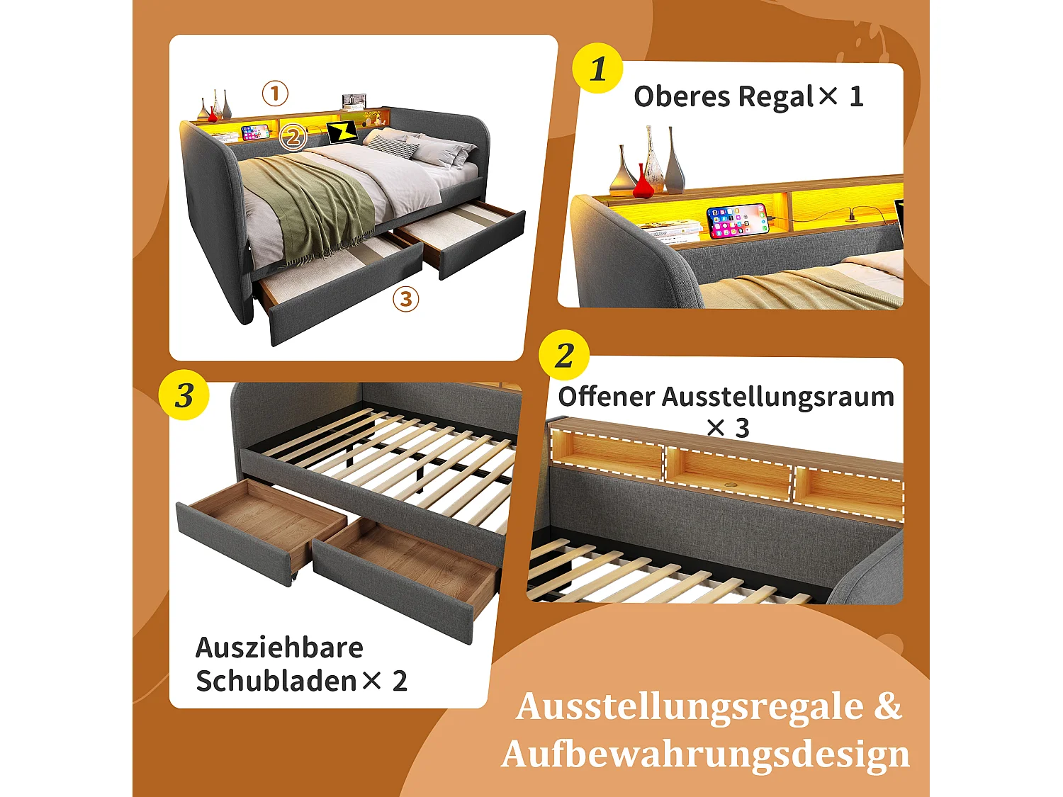 Lit capitonné 140 x 190 cm avec 2 tiroirs, canapé-lit - LED et charge USB-C - Tissu en lin - Gris (sans matelas)