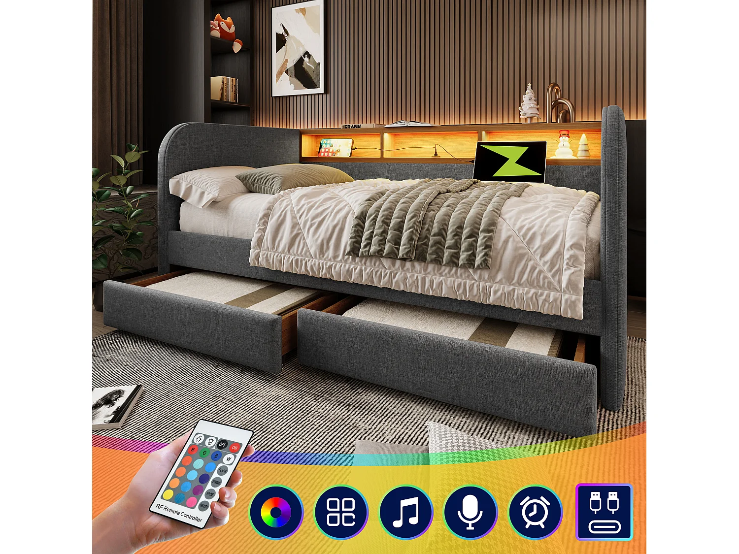 Lit capitonné 140 x 190 cm avec 2 tiroirs, canapé-lit - LED et charge USB-C - Tissu en lin - Gris (sans matelas)