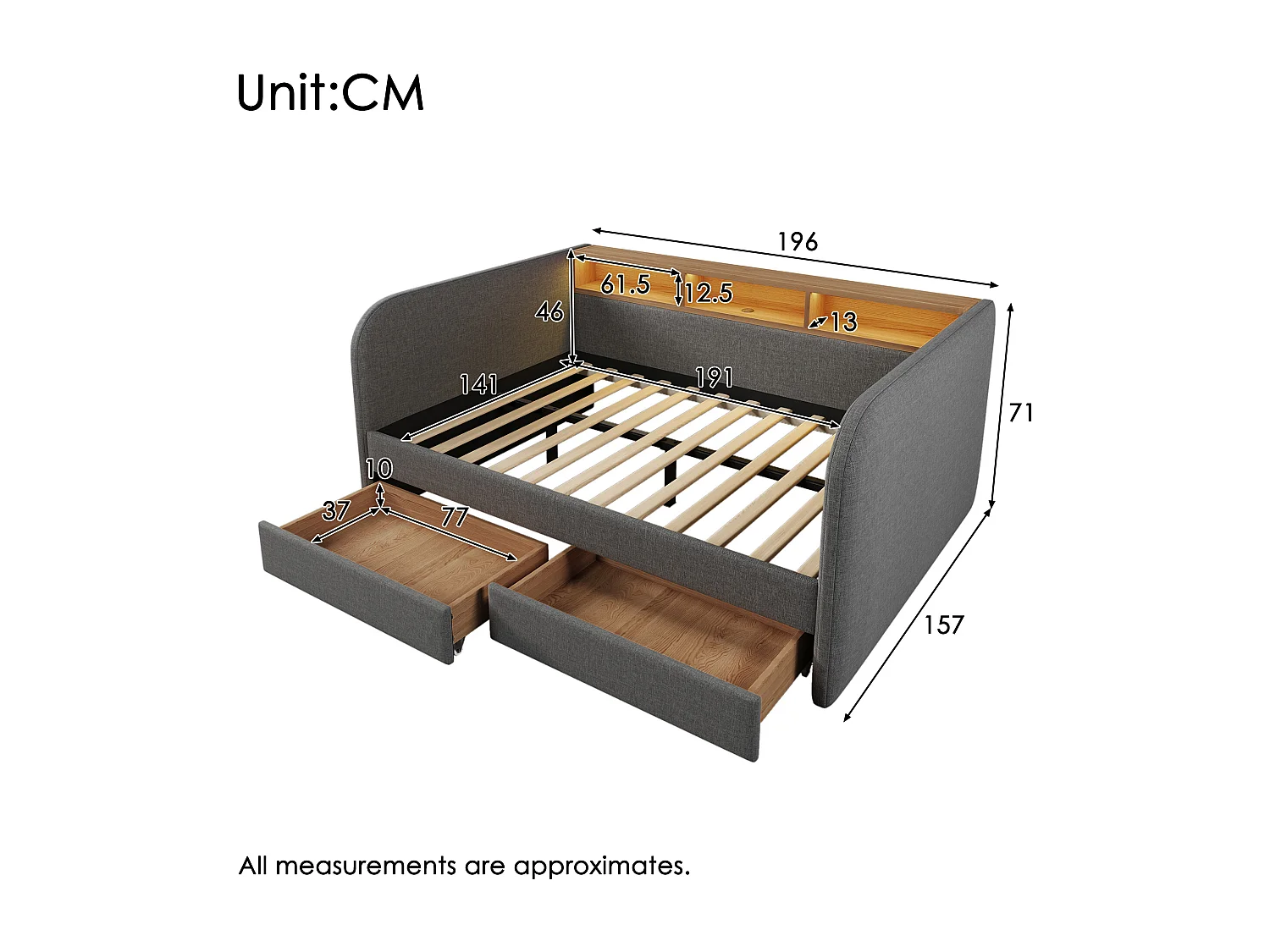 Lit capitonné 140 x 190 cm avec 2 tiroirs, canapé-lit - LED et charge USB-C - Tissu en lin - Gris (sans matelas)