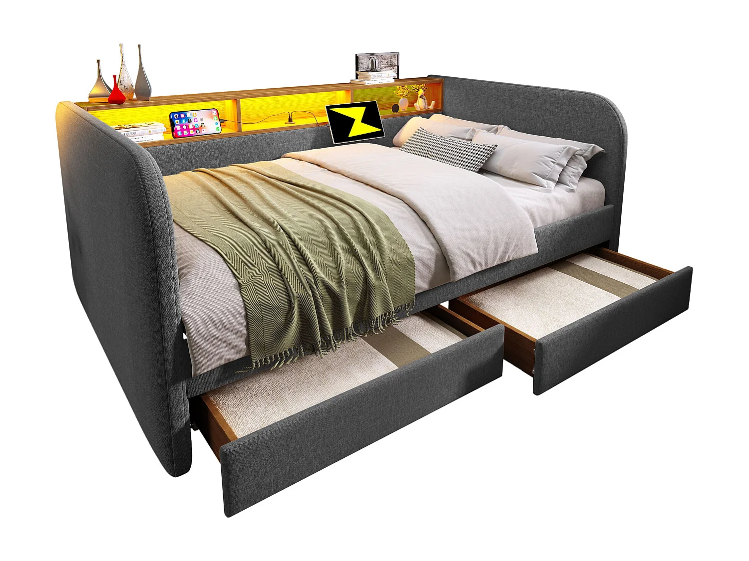 Lit capitonné 140 x 190 cm avec 2 tiroirs, canapé-lit - LED et charge USB-C - Tissu en lin - Gris (sans matelas)